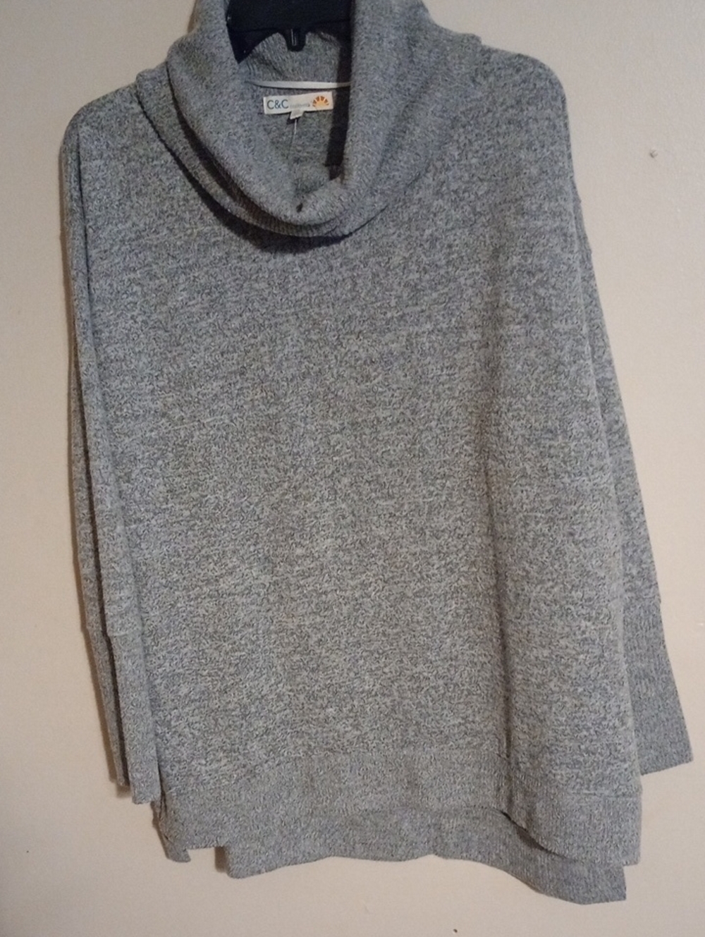 C&C California Light Heather Gray Cowl Neck Turtleneck Sweater Ribbed Cowl Neck